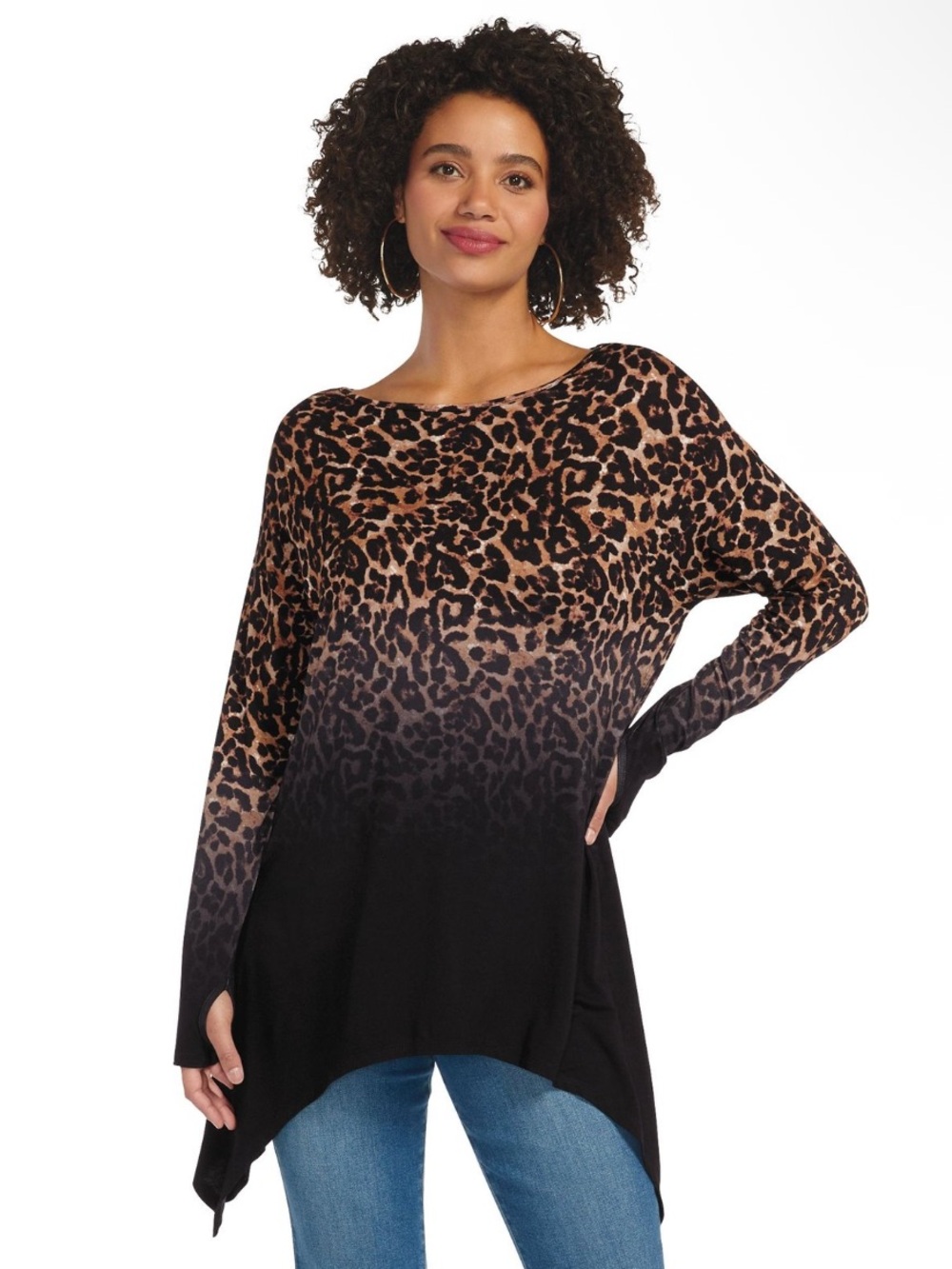 Masseys Leopard Ombre Long-Sleeve Tunic Top - Size Large